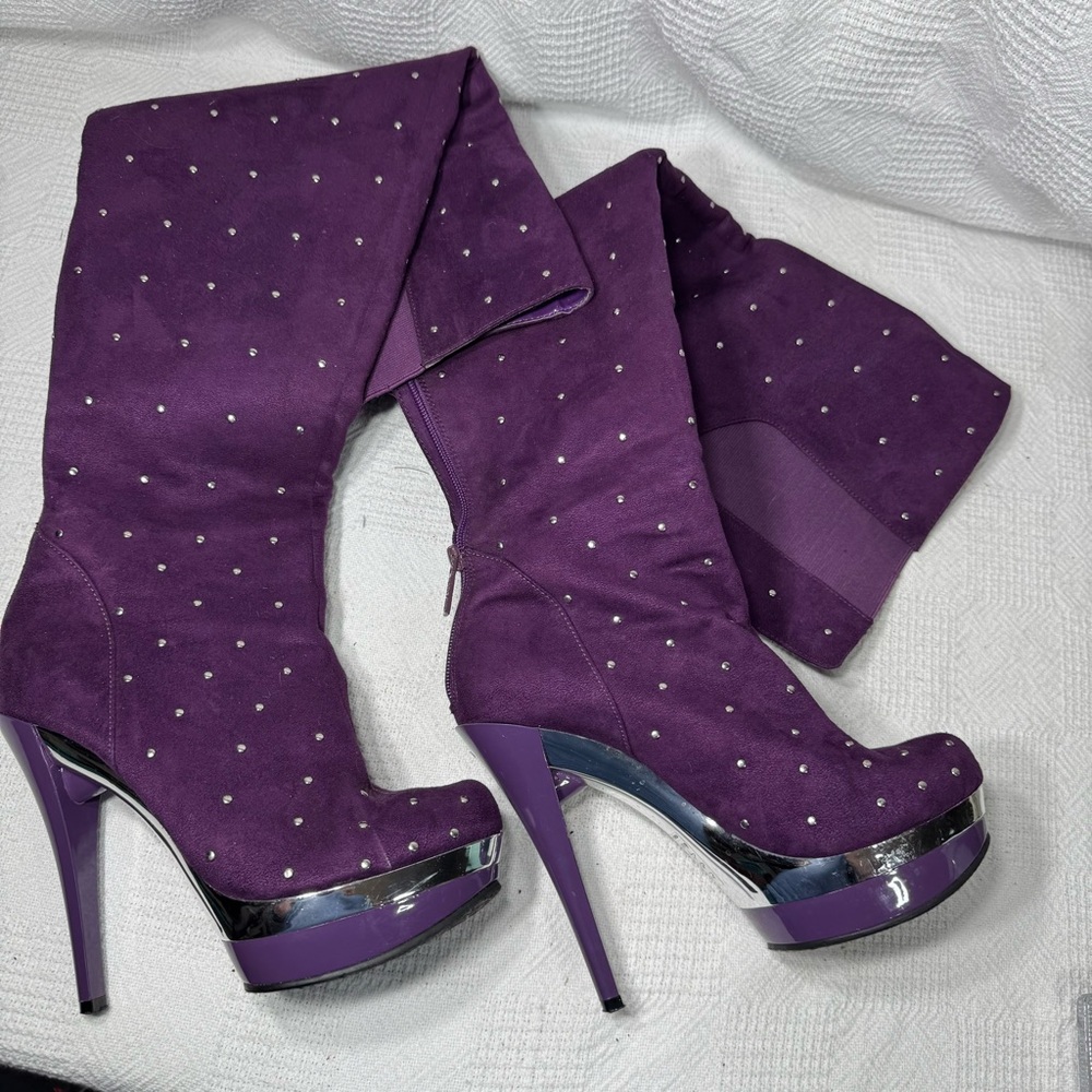 Platform Elegant Purple Studded Above Knee Women Stiletto Boots Size 8 Sexy